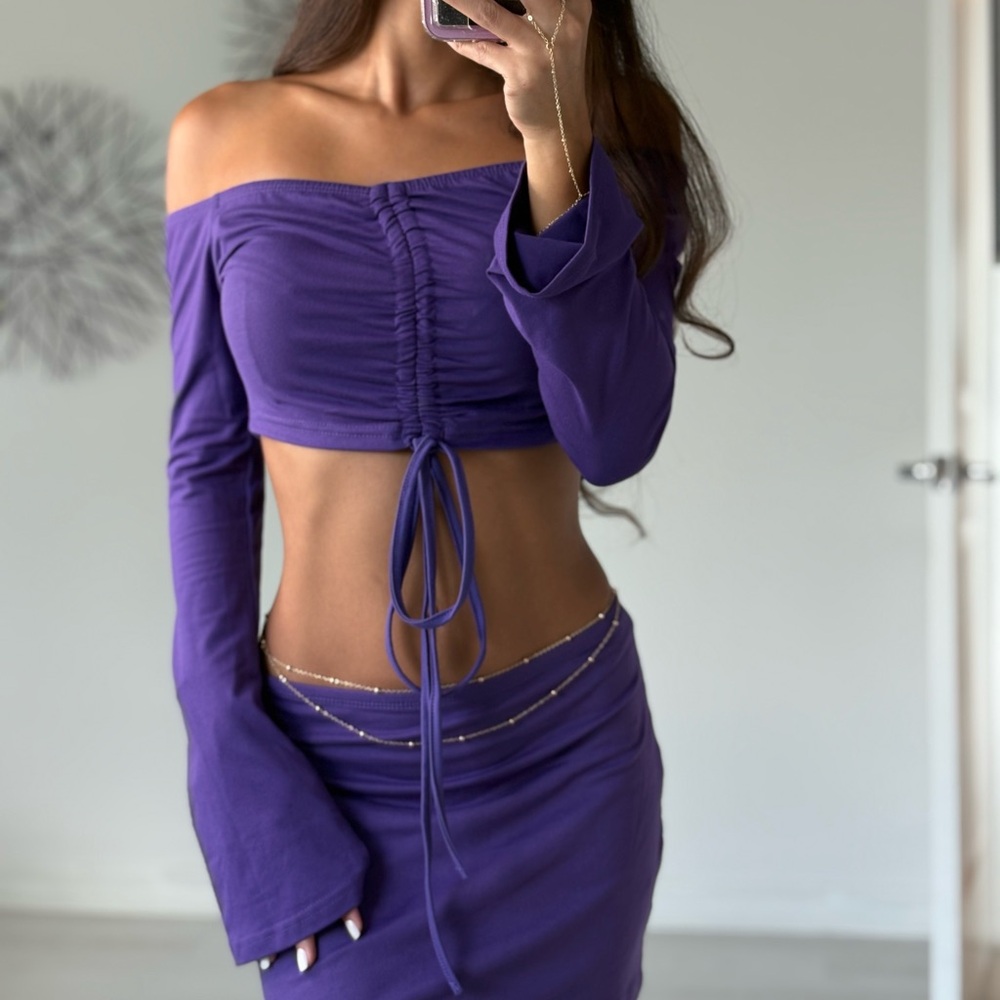 Purple Off-Shoulder Ruched Crop Top and Skirt Set